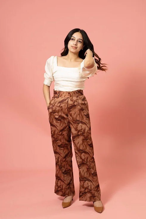 Classy Brown White Coord Set With Belt